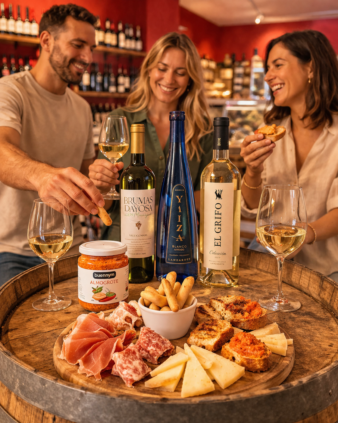 Amigos brindando con vinos canarios y una tabla de embutidos, quesos y almogrote